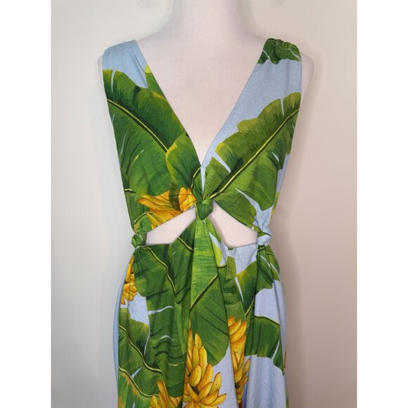 Farm Rio Fresh Bananas Cut Out Midi Dress Size Medium Linen Tropical - Picture 3 of 13
